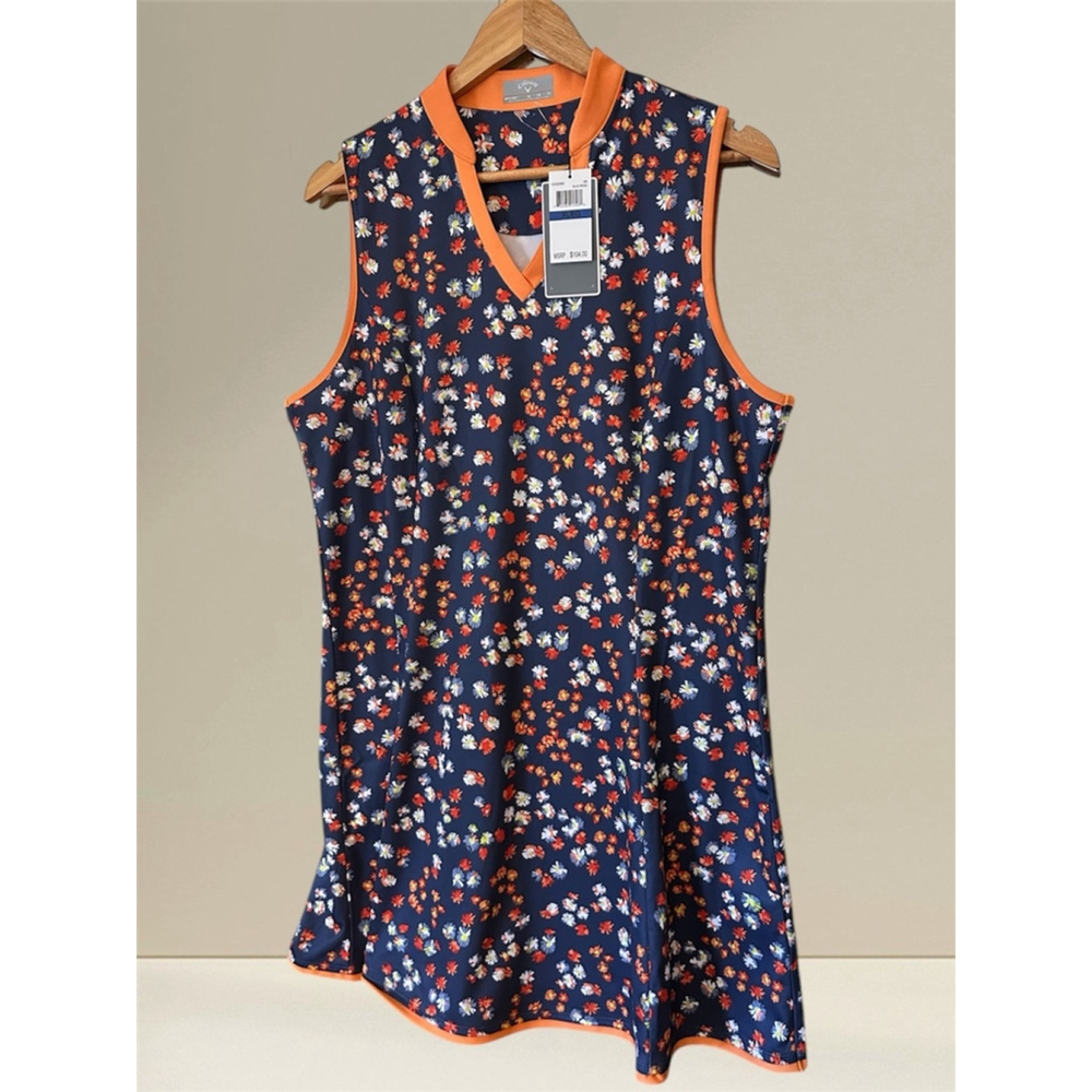 Callaway Navy Opti Dri Mini Floral Sleeveless Golf Tennis V Neck Dress X Large